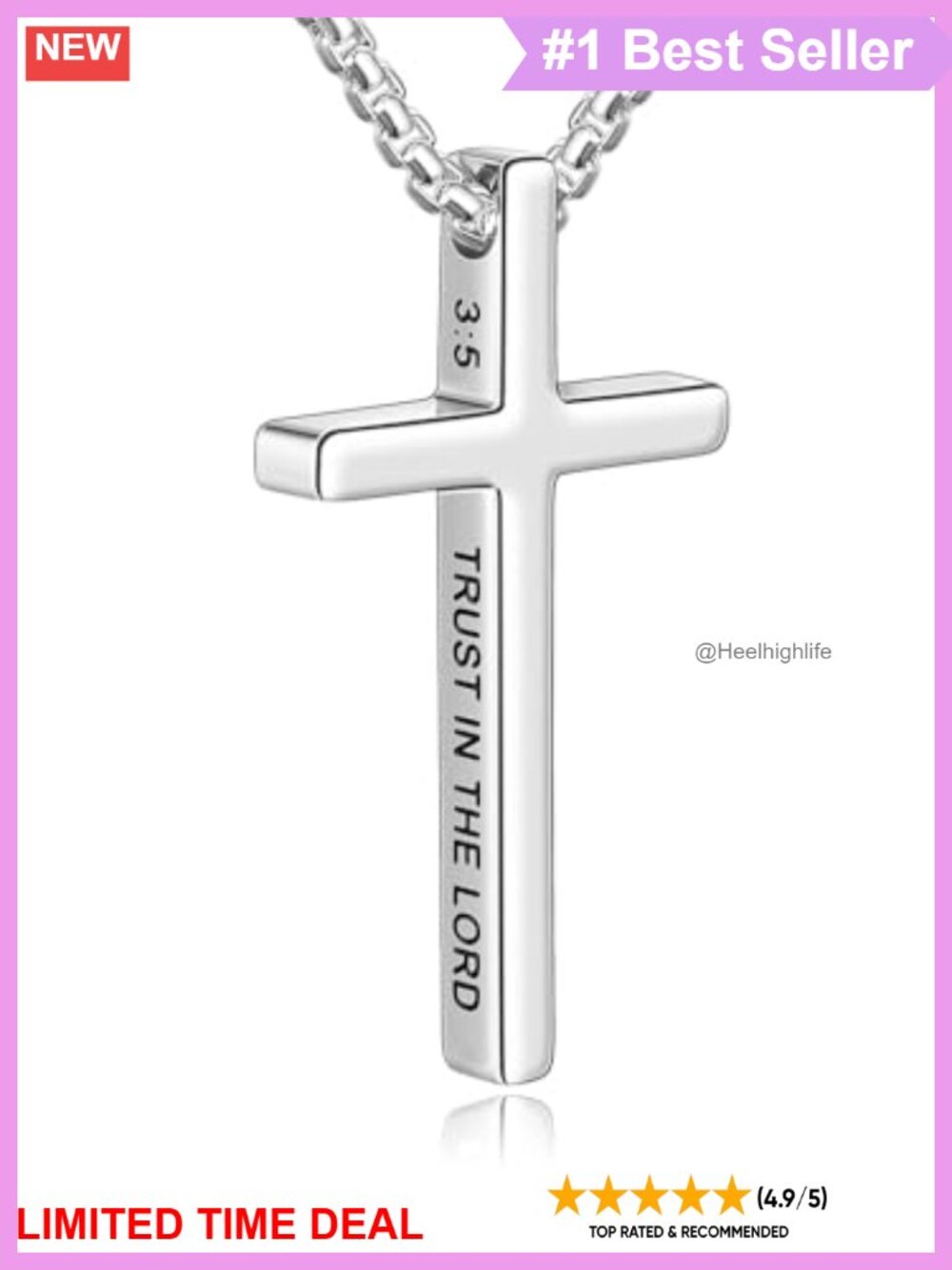 Men's Stainless Steel Cross Pendant Necklace 24" Bible Verse